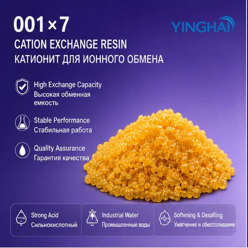 YINGHAI 001×7 ion exchange resin poster with English and Russian labels